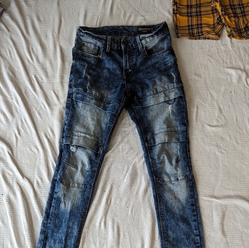 South Pole skinny jeans size 29/30 dark blue with unique patchwork